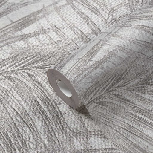 Pazar térbeli elhelyezkedésű vintage pálmalevél kompozíció törtfehér és szürke tónus finom mintafény tapéta