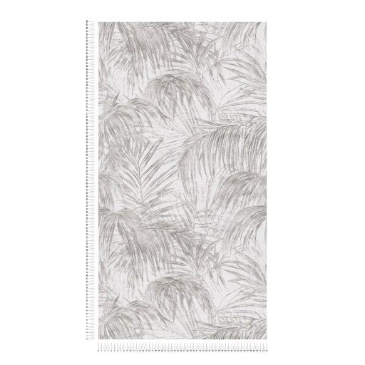 Pazar térbeli elhelyezkedésű vintage pálmalevél kompozíció törtfehér és szürke tónus finom mintafény tapéta