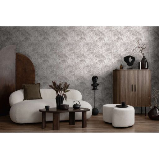 Pazar térbeli elhelyezkedésű vintage pálmalevél kompozíció törtfehér és szürke tónus finom mintafény tapéta