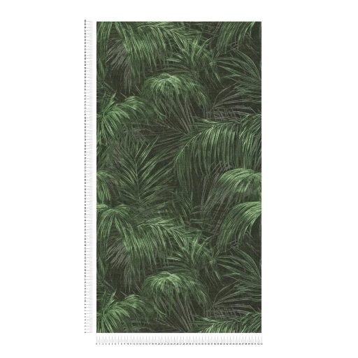 Pazar térbeli elhelyezkedésű vintage pálmalevél kompozíció fekete szürke és zöld tónus finom mintafény tapéta