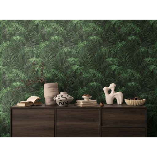 Pazar térbeli elhelyezkedésű vintage pálmalevél kompozíció fekete szürke és zöld tónus finom mintafény tapéta