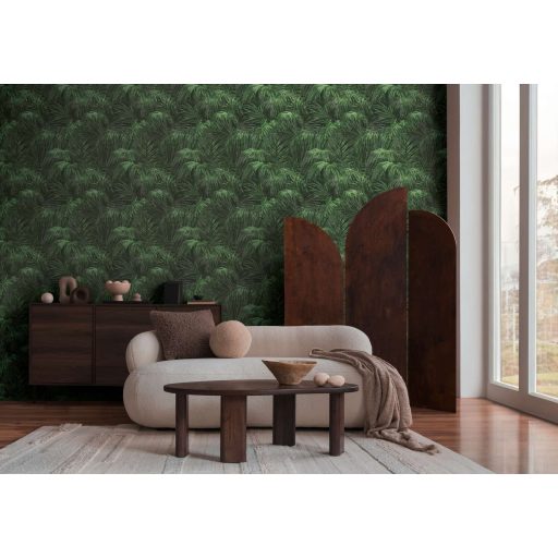 Pazar térbeli elhelyezkedésű vintage pálmalevél kompozíció fekete szürke és zöld tónus finom mintafény tapéta