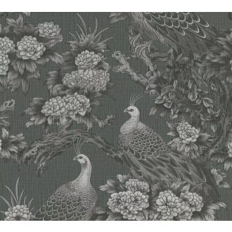   Vintage ázsiai ihletésű design pávákkal és dús virágokkal sötét szürkészöld szürke és törtfehér tónus tapéta
