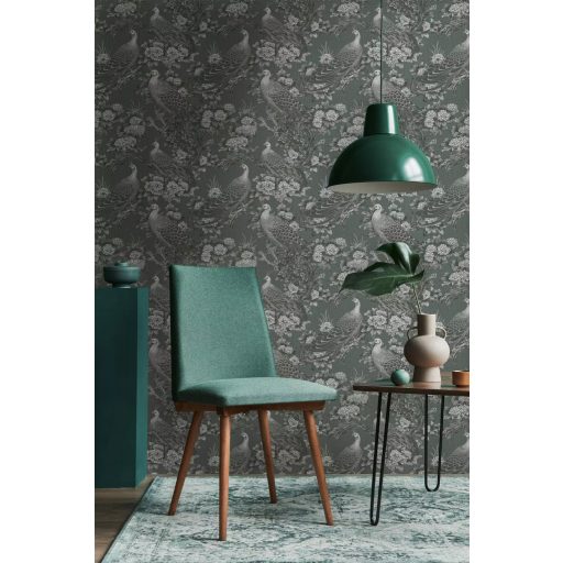 Vintage ázsiai ihletésű design pávákkal és dús virágokkal sötét szürkészöld szürke és törtfehér tónus tapéta