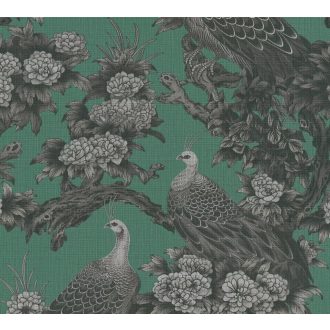   Vintage ázsiai ihletésű design pávákkal és dús virágokkal smaragdzöld szürke és szürkésfehér tónus tapéta