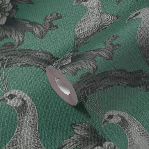 Vintage ázsiai ihletésű design pávákkal és dús virágokkal smaragdzöld szürke és szürkésfehér tónus tapéta