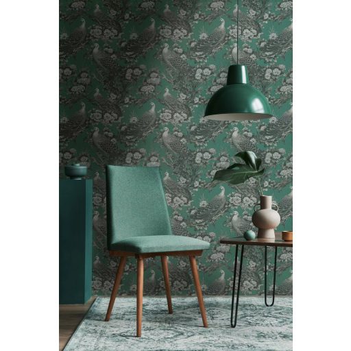 Vintage ázsiai ihletésű design pávákkal és dús virágokkal smaragdzöld szürke és szürkésfehér tónus tapéta