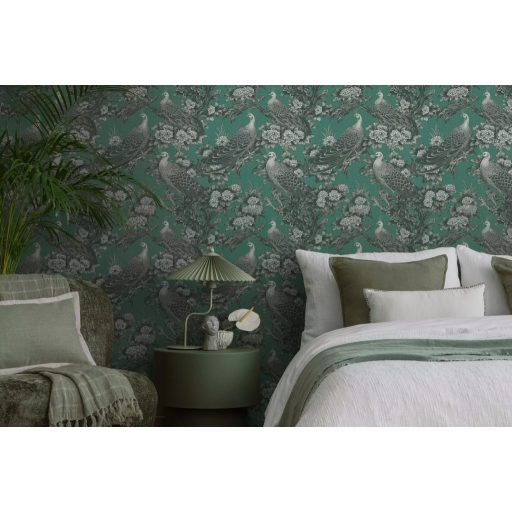 Vintage ázsiai ihletésű design pávákkal és dús virágokkal smaragdzöld szürke és szürkésfehér tónus tapéta