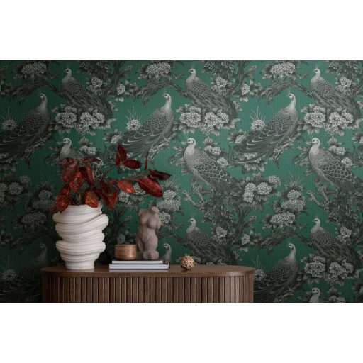 Vintage ázsiai ihletésű design pávákkal és dús virágokkal smaragdzöld szürke és szürkésfehér tónus tapéta