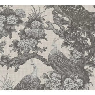   Vintage ázsiai ihletésű design pávákkal és dús virágokkal világosbézs szürke és szürkésbarna tónus tapéta