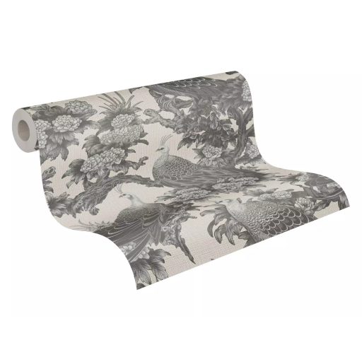 Vintage ázsiai ihletésű design pávákkal és dús virágokkal világosbézs szürke és szürkésbarna tónus tapéta