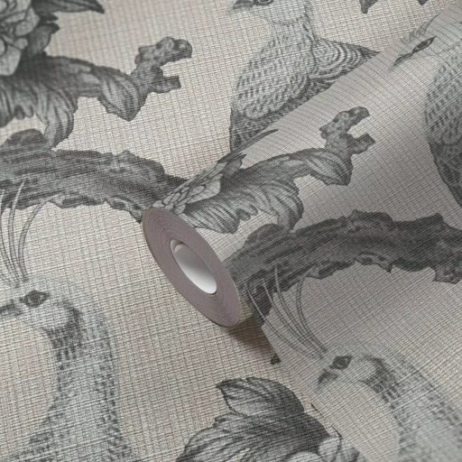 Vintage ázsiai ihletésű design pávákkal és dús virágokkal világosbézs szürke és szürkésbarna tónus tapéta