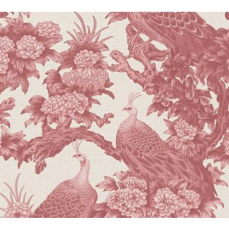  Vintage ázsiai ihletésű design pávákkal és dús virágokkal krémfehér és rózsaszínes-vörös (mályva) tónus tapéta