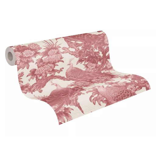 Vintage ázsiai ihletésű design pávákkal és dús virágokkal krémfehér és rózsaszínes-vörös (mályva) tónus tapéta