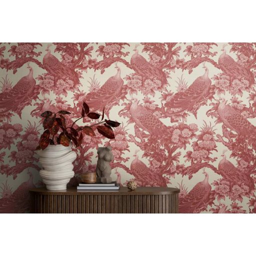 Vintage ázsiai ihletésű design pávákkal és dús virágokkal krémfehér és rózsaszínes-vörös (mályva) tónus tapéta