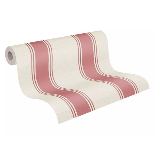Klasszikus csíkos minta vékonyabb szegélyekkel texturált felülettel krémfehér és rózsaszínes-mályva tónus tapéta