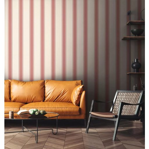 Klasszikus csíkos minta vékonyabb szegélyekkel texturált felülettel krémfehér és rózsaszínes-mályva tónus tapéta