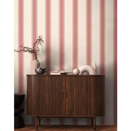 Klasszikus csíkos minta vékonyabb szegélyekkel texturált felülettel krémfehér és rózsaszínes-mályva tónus tapéta
