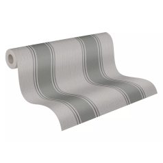   Klasszikus csíkos minta vékonyabb szegélyekkel texturált felülettel zöldesszürke bézs/szürkésbézs és szürke tapéta