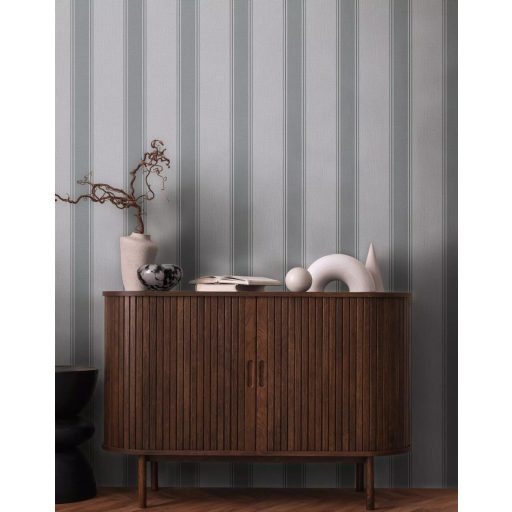 Klasszikus csíkos minta vékonyabb szegélyekkel texturált felülettel zöldesszürke bézs/szürkésbézs és szürke tapéta