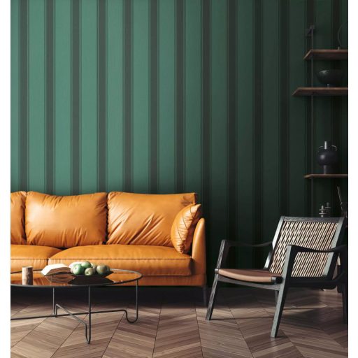 Klasszikus csíkos minta vékonyabb szegélyekkel texturált felülettel smaragdzöld fekete és sötétszürke tónus tapéta
