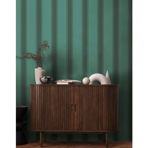 Klasszikus csíkos minta vékonyabb szegélyekkel texturált felülettel smaragdzöld fekete és sötétszürke tónus tapéta