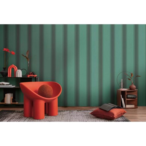 Klasszikus csíkos minta vékonyabb szegélyekkel texturált felülettel smaragdzöld fekete és sötétszürke tónus tapéta