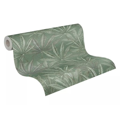 Botanikai rajz hatású egymást átfedő pálmalevelek mintája pasztell zöld halvány zöld és szürkészöld tónus tapéta