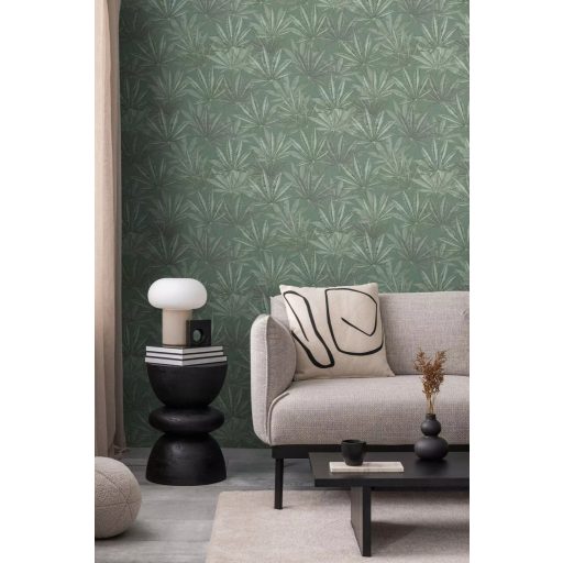Botanikai rajz hatású egymást átfedő pálmalevelek mintája pasztell zöld halvány zöld és szürkészöld tónus tapéta