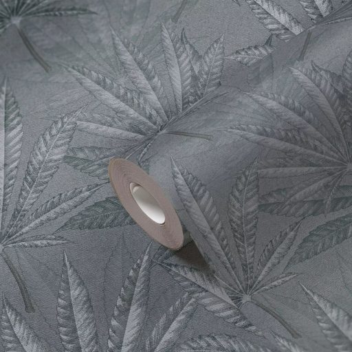 Botanikai rajz hatású egymást átfedő pálmalevelek mintája szürke/szürkészöld és törtfehér tónus tapéta