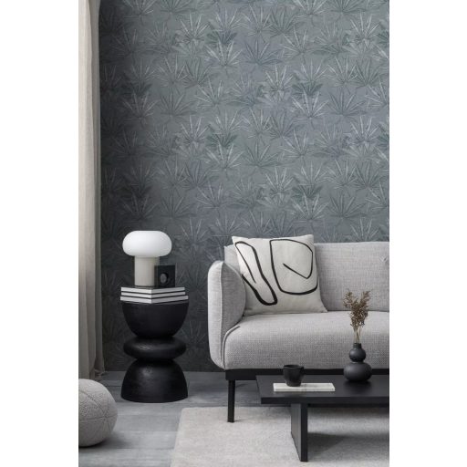 Botanikai rajz hatású egymást átfedő pálmalevelek mintája szürke/szürkészöld és törtfehér tónus tapéta