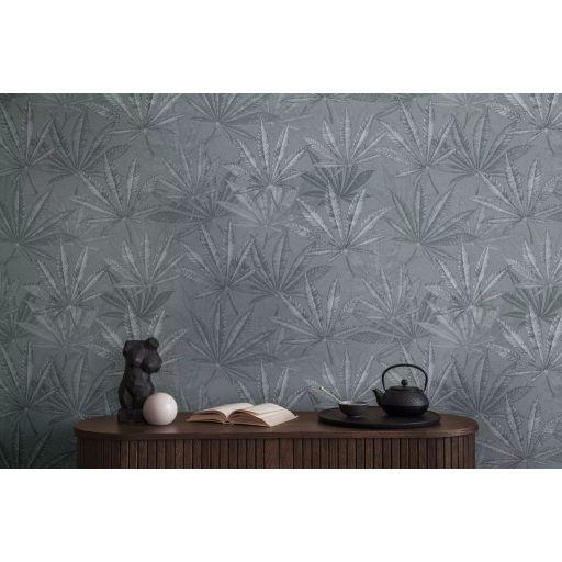 Botanikai rajz hatású egymást átfedő pálmalevelek mintája szürke/szürkészöld és törtfehér tónus tapéta