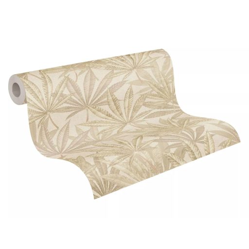 Botanikai rajz hatású egymást átfedő pálmalevelek mintája krémszín bézs és halvány homokszín tónus tapéta