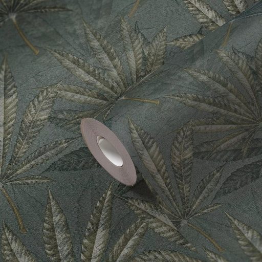 Botanikai rajz hatású egymást átfedő pálmalevelek mintája zöld kék szürkészöld és bézs tónus tapéta