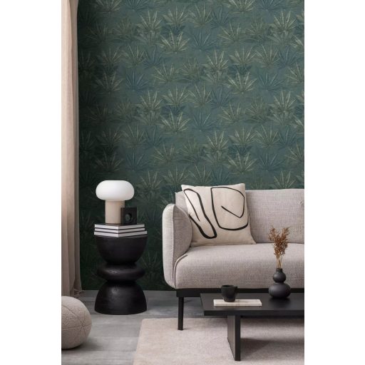 Botanikai rajz hatású egymást átfedő pálmalevelek mintája zöld kék szürkészöld és bézs tónus tapéta