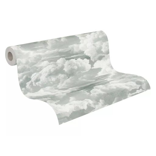 Légies és könnyed akvarell hatású gomolygó felhőmintázat pasztell mentazöld és fehér tónus tapéta