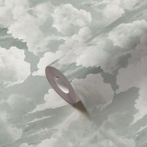 Légies és könnyed akvarell hatású gomolygó felhőmintázat pasztell mentazöld és fehér tónus tapéta