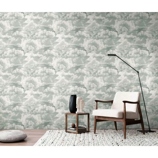 Légies és könnyed akvarell hatású gomolygó felhőmintázat pasztell mentazöld és fehér tónus tapéta