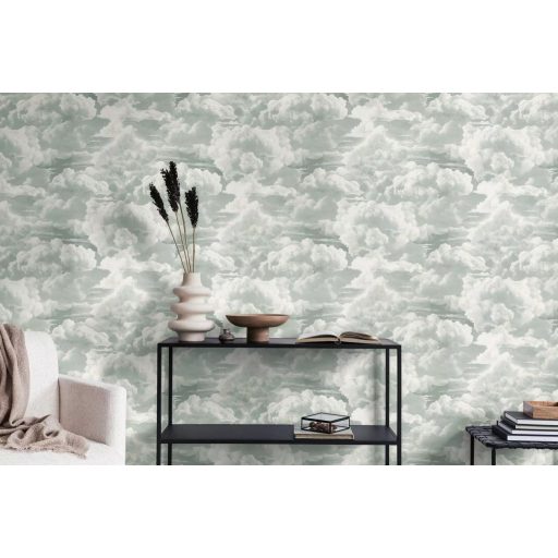 Légies és könnyed akvarell hatású gomolygó felhőmintázat pasztell mentazöld és fehér tónus tapéta