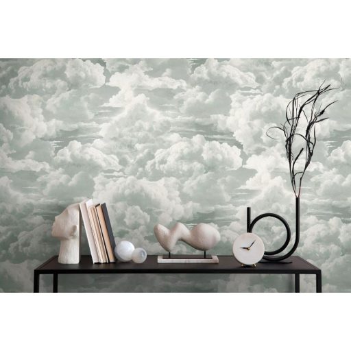 Légies és könnyed akvarell hatású gomolygó felhőmintázat pasztell mentazöld és fehér tónus tapéta