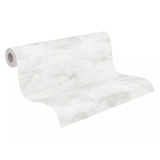 Légies és könnyed akvarell hatású gomolygó felhőmintázat monokróm fehér krém és világosszürke tónus tapéta