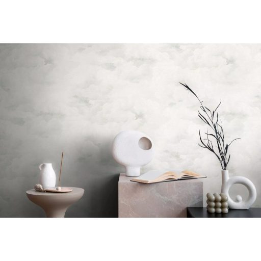 Légies és könnyed akvarell hatású gomolygó felhőmintázat monokróm fehér krém és világosszürke tónus tapéta