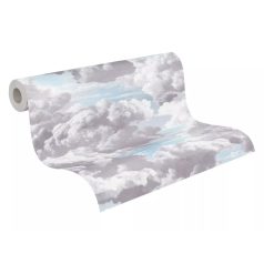   Légies és könnyed akvarell hatású gomolygó felhőmintázat halvány kék fehér és világosszürke tónus tapéta