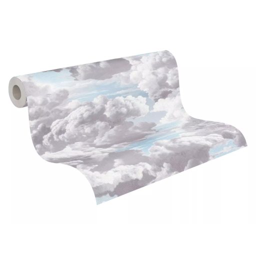 Légies és könnyed akvarell hatású gomolygó felhőmintázat halvány kék fehér és világosszürke tónus tapéta