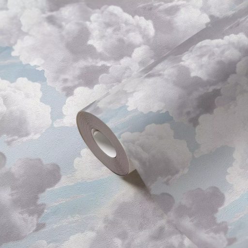 Légies és könnyed akvarell hatású gomolygó felhőmintázat halvány kék fehér és világosszürke tónus tapéta