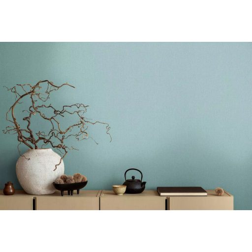 Finom struktúrájú egyszínű textil/vászon minta pasztellkék/zöldeskék tónus tapéta