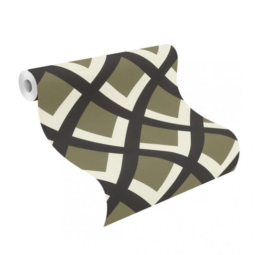 Rasch Denzo II 401936 Geometrikus retro 3D rácsminta krémfehér fekete khakizöld tapéta