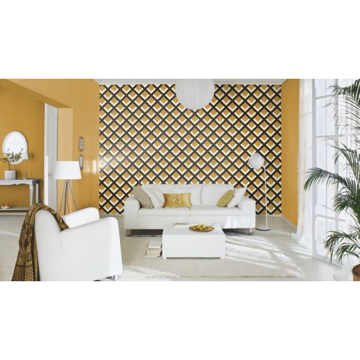 Rasch Denzo II 401943 Geometrikus retro 3D rácsminta krémfehér fekete okkersárga tapéta