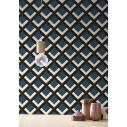Rasch Denzo II 401950 Geometrikus retro 3D rácsminta krémfehér fekete sötétkék tapéta