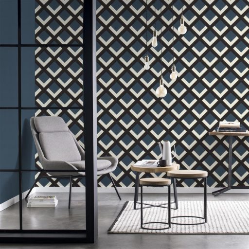 Rasch Denzo II 401950 Geometrikus retro 3D rácsminta krémfehér fekete sötétkék tapéta